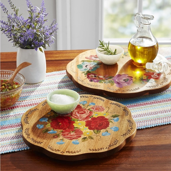 Rare HTF Last Set 🌺 New Pioneer Woman Floral 2-Piece Acacia Wood Lazy Susan - Picture 3 of 8